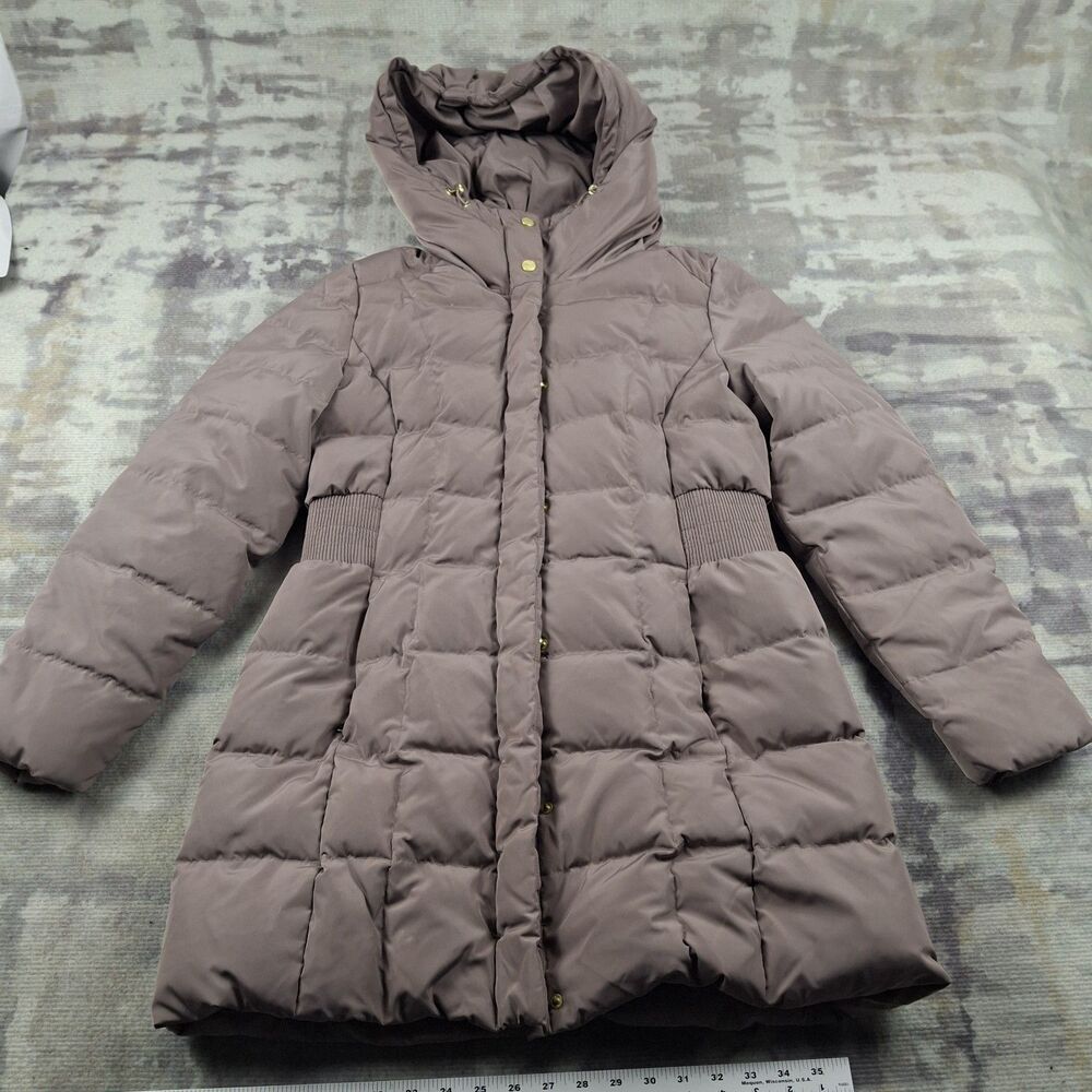 Cole Haan Signature Down Puffer Coat Taupe Cashew Inner Bib Hooded Sz L